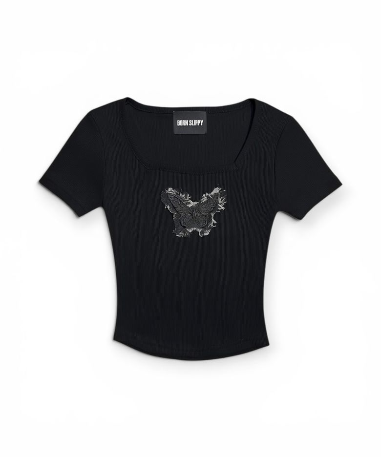 Frayed Butterfly Square Neck T-shirt (Black)