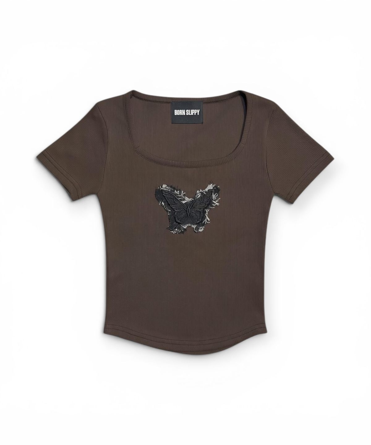 본슬리피(BORN SLIPPY) Frayed Butterfly Square Neck T-shirt (Brown)