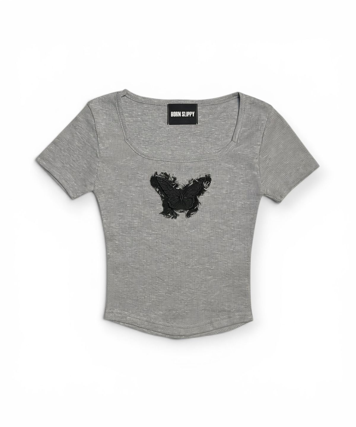 본슬리피(BORN SLIPPY) Frayed Butterfly Square Neck T-shirt (Gray)