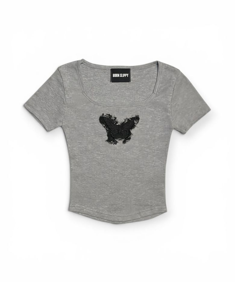 Frayed Butterfly Square Neck T-shirt (Gray)