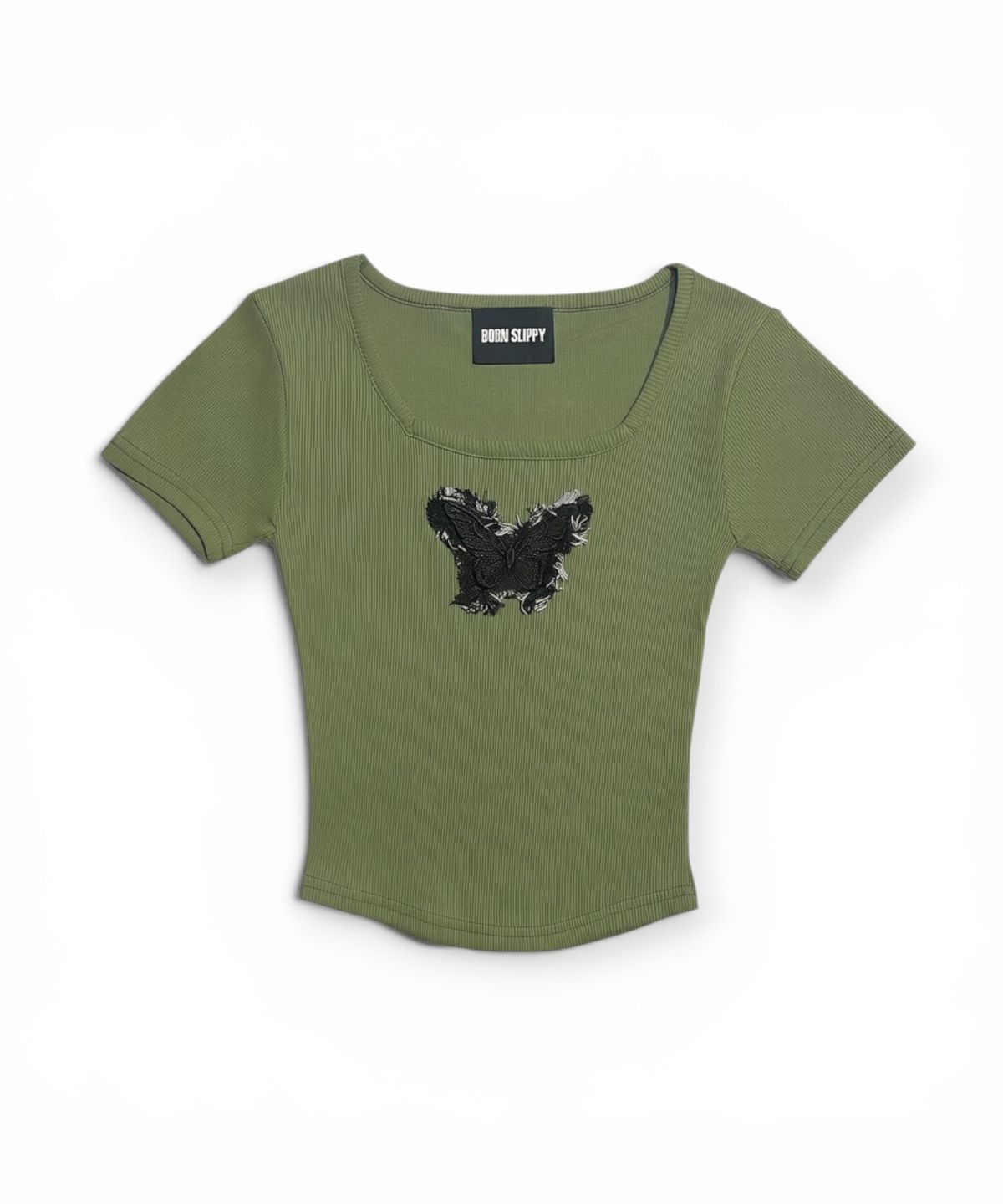 본슬리피(BORN SLIPPY) Frayed Butterfly Square Neck T-shirt (Green)