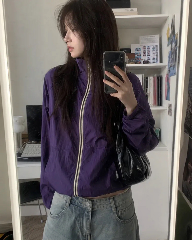 나일론 하이넥 윈드 집업 딥 퍼플