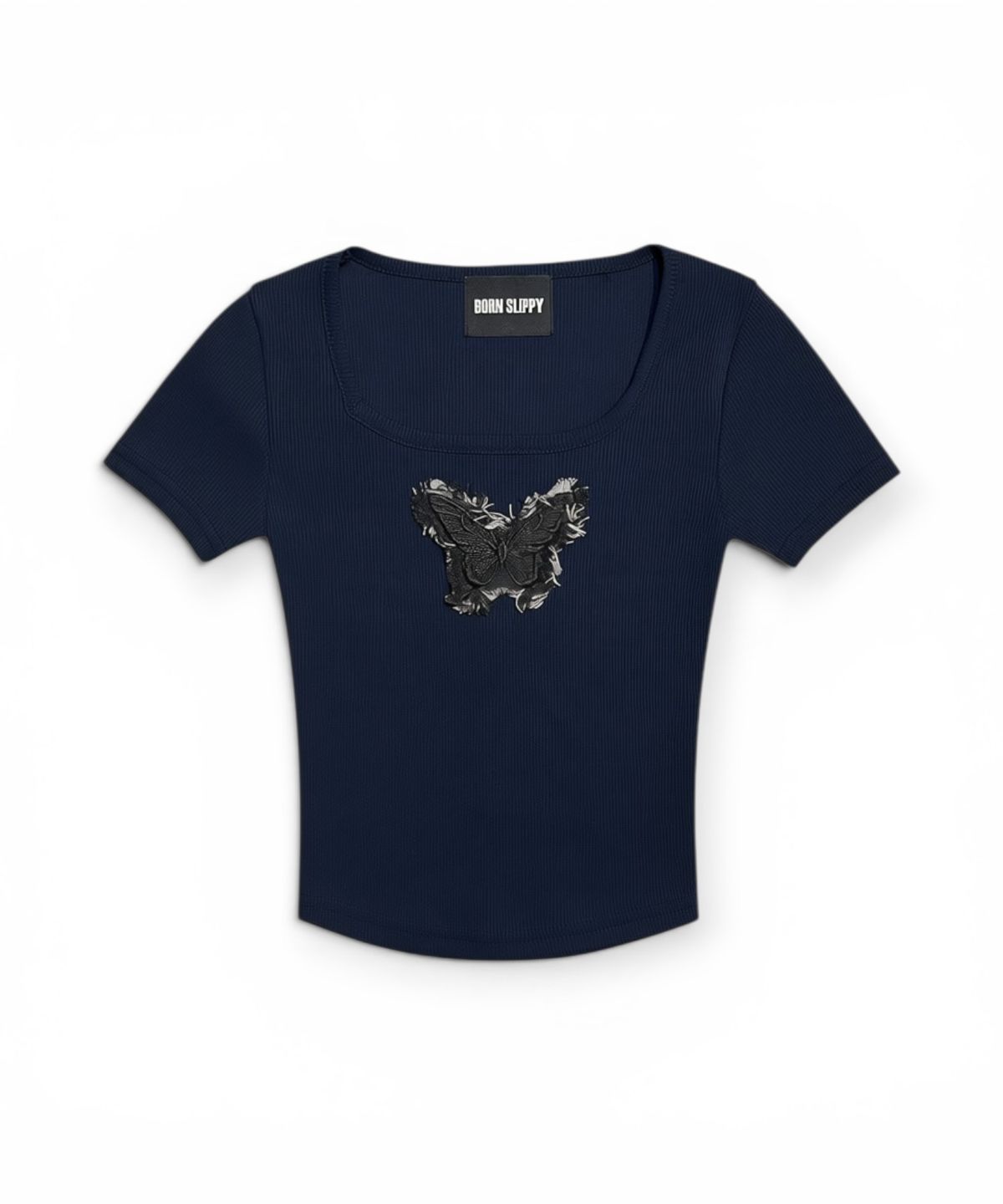 본슬리피(BORN SLIPPY) Frayed Butterfly Square Neck T-shirt (Navy)