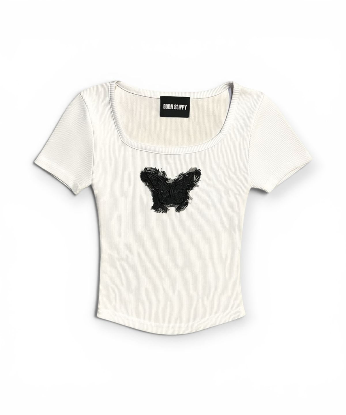 본슬리피(BORN SLIPPY) Frayed Butterfly Square Neck T-shirt (White)