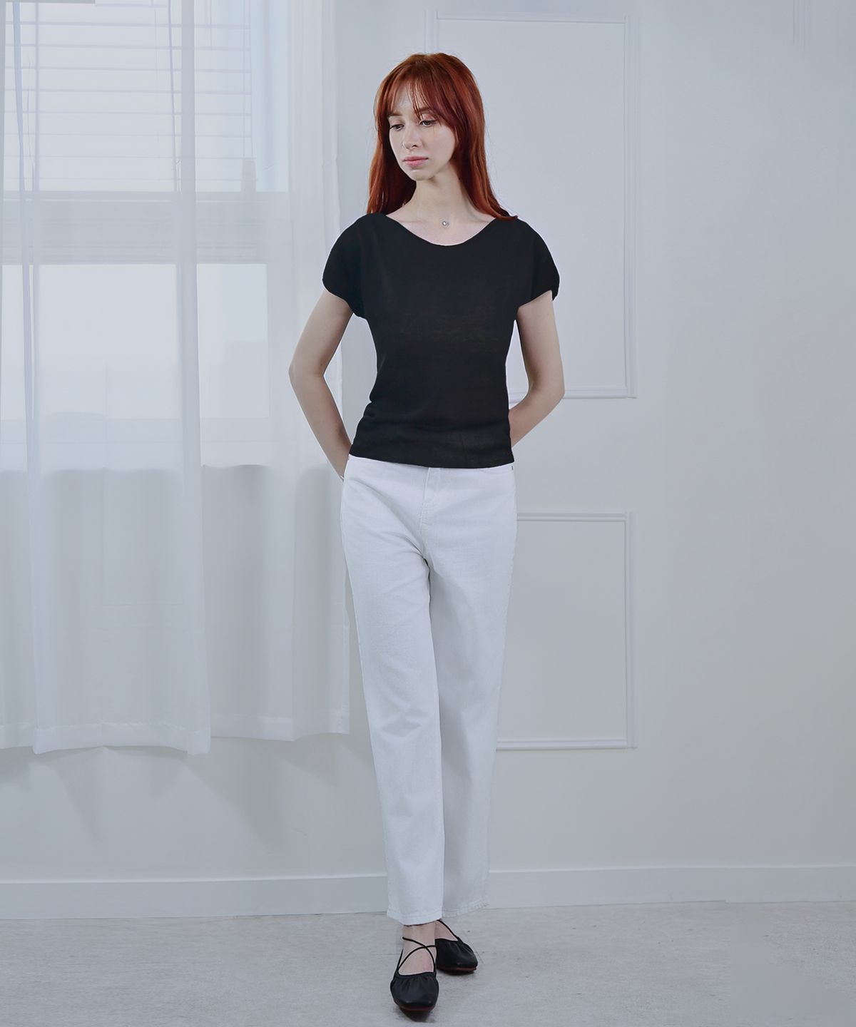 클레이스(CLACE) 롤링 보트넥 반팔 티셔츠_블랙