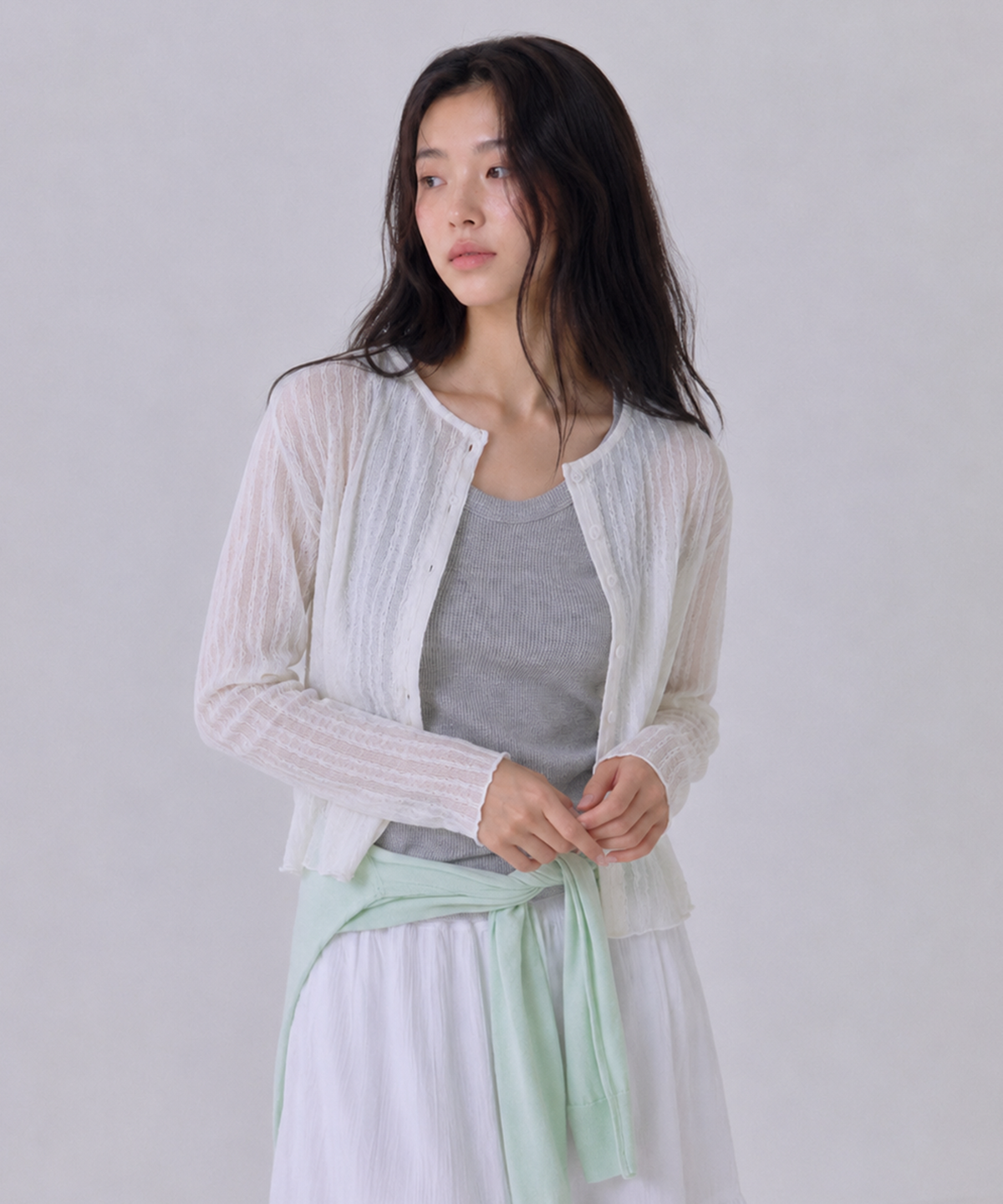 사유(SAYUU) 페더 레이스 라운드 가디건 크림
