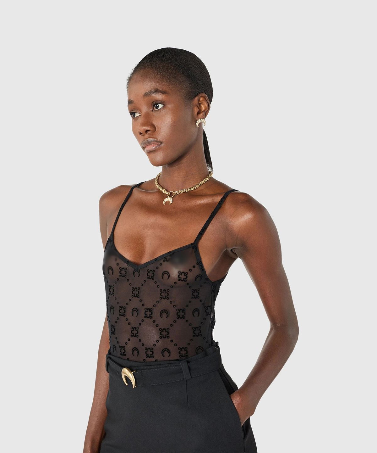 마린 세르(MARINE SERRE) (W) 무노그램 메쉬 플록 스트랩 탑 블랙 MOONOGRAM MESH FLOCK STRAPS TOP BK99 BLACK