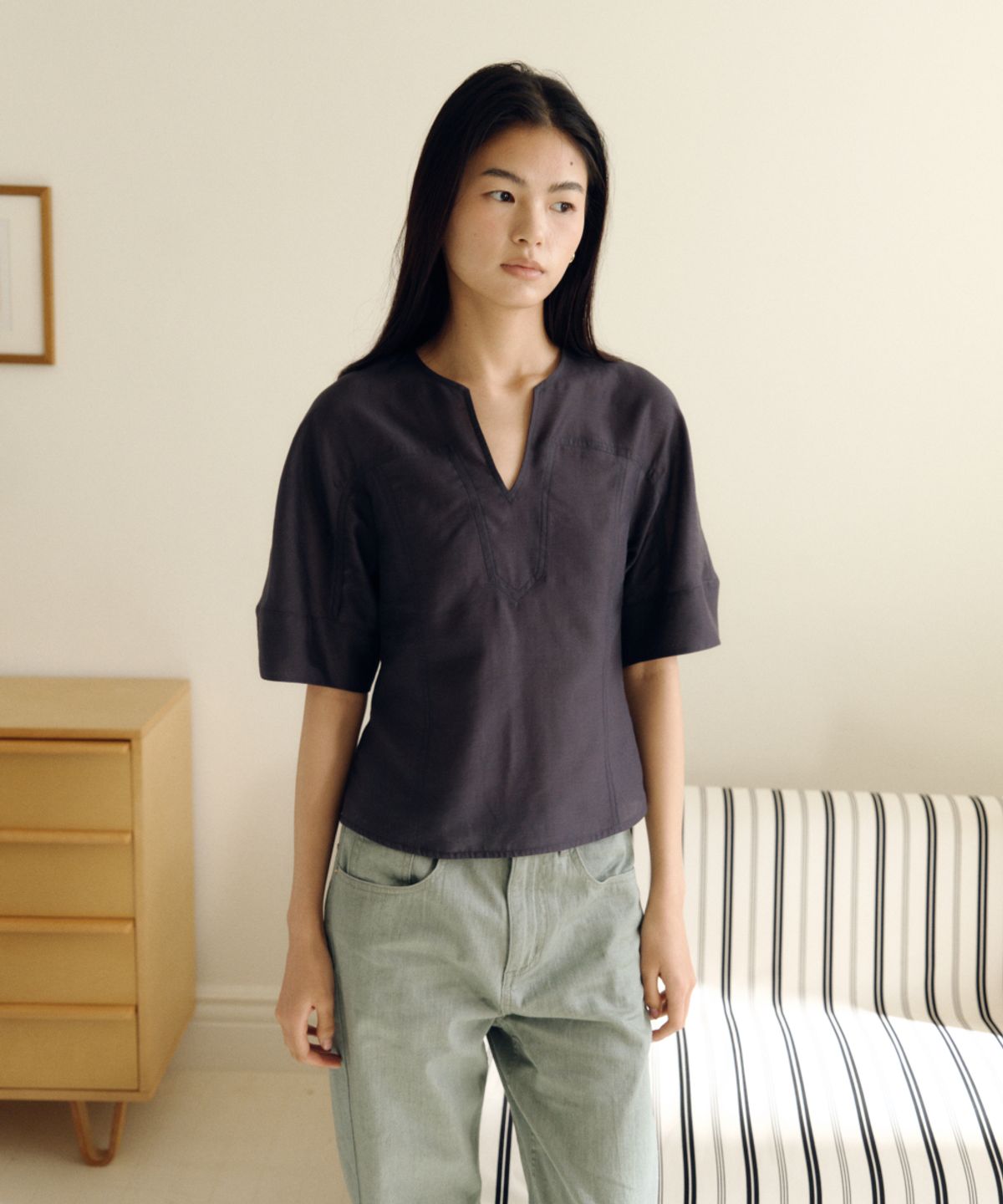 솔티페블(SALTY PEBBLE) LINEN PANEL BLOUSE [CHARCOAL]