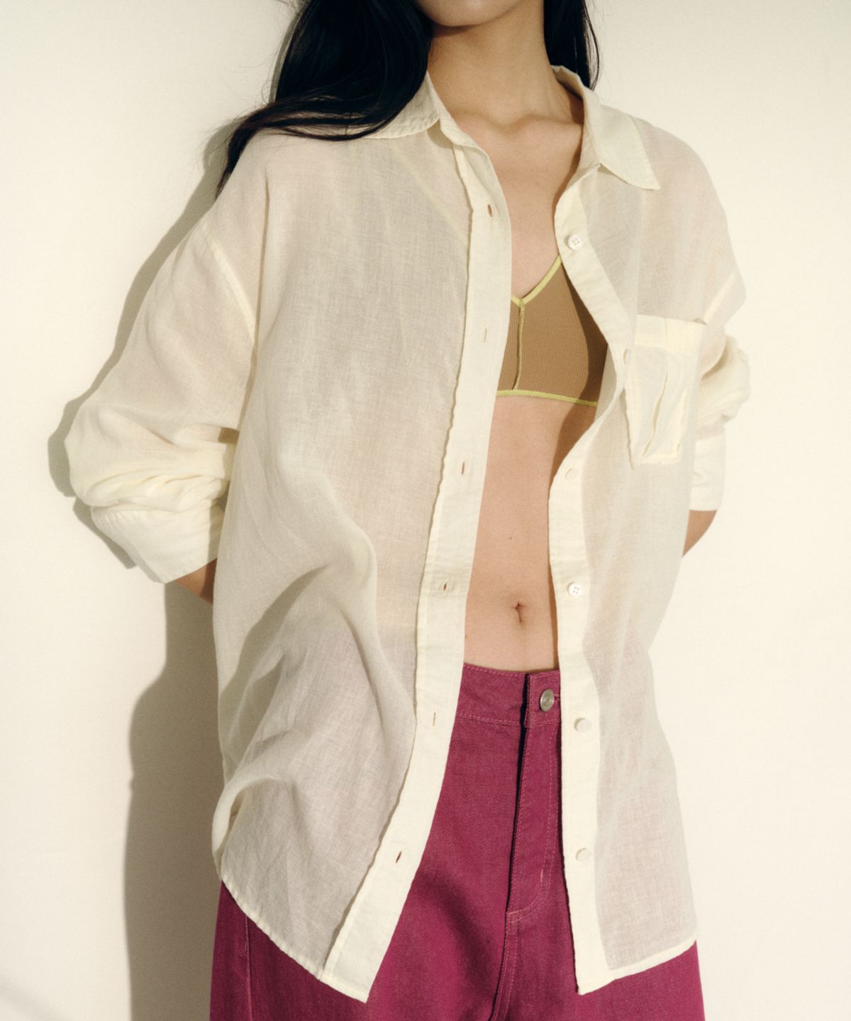 솔티페블(SALTY PEBBLE) SOFT GAUZE ONE POCKET SHIRT [IVORY]