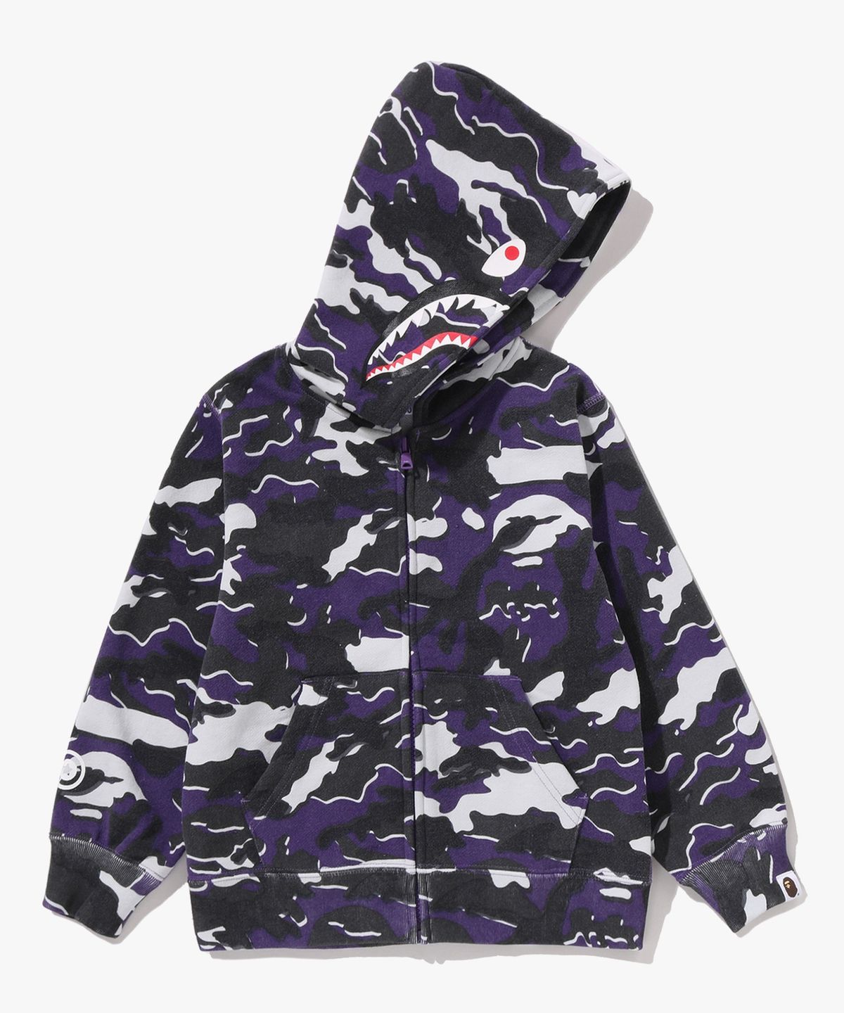 베이프 키즈(BAPE KIDS) 글리치 우드랜드 카모 샤크 집 후드(Kids) PURPLE