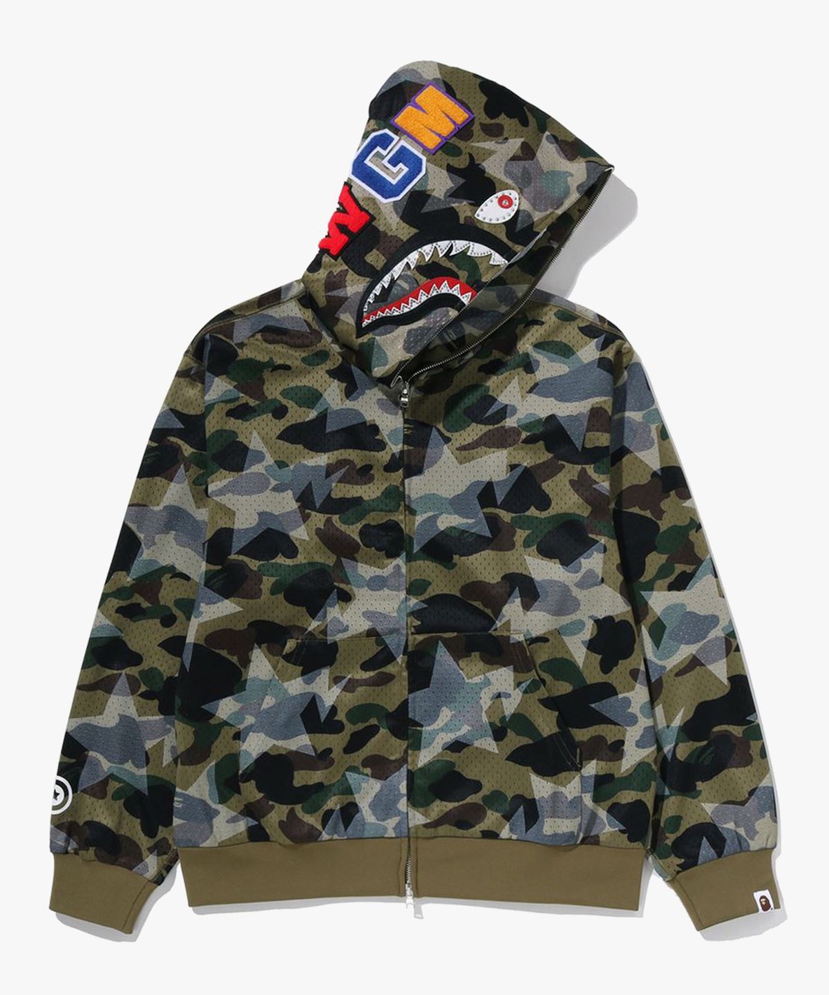 베이프(BAPE) 스타 오버 프린트 퍼스트 카모 메쉬 샤크 크롭 핏 풀 집 후드(M) GREEN