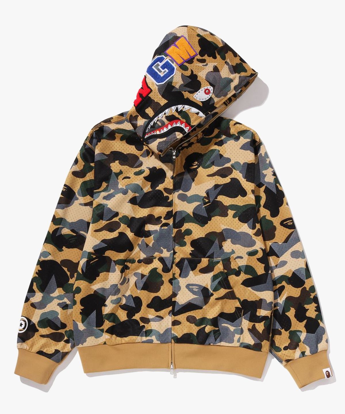 베이프(BAPE) 스타 오버 프린트 퍼스트 카모 메쉬 샤크 크롭 핏 풀 집 후드(M) YELLOW