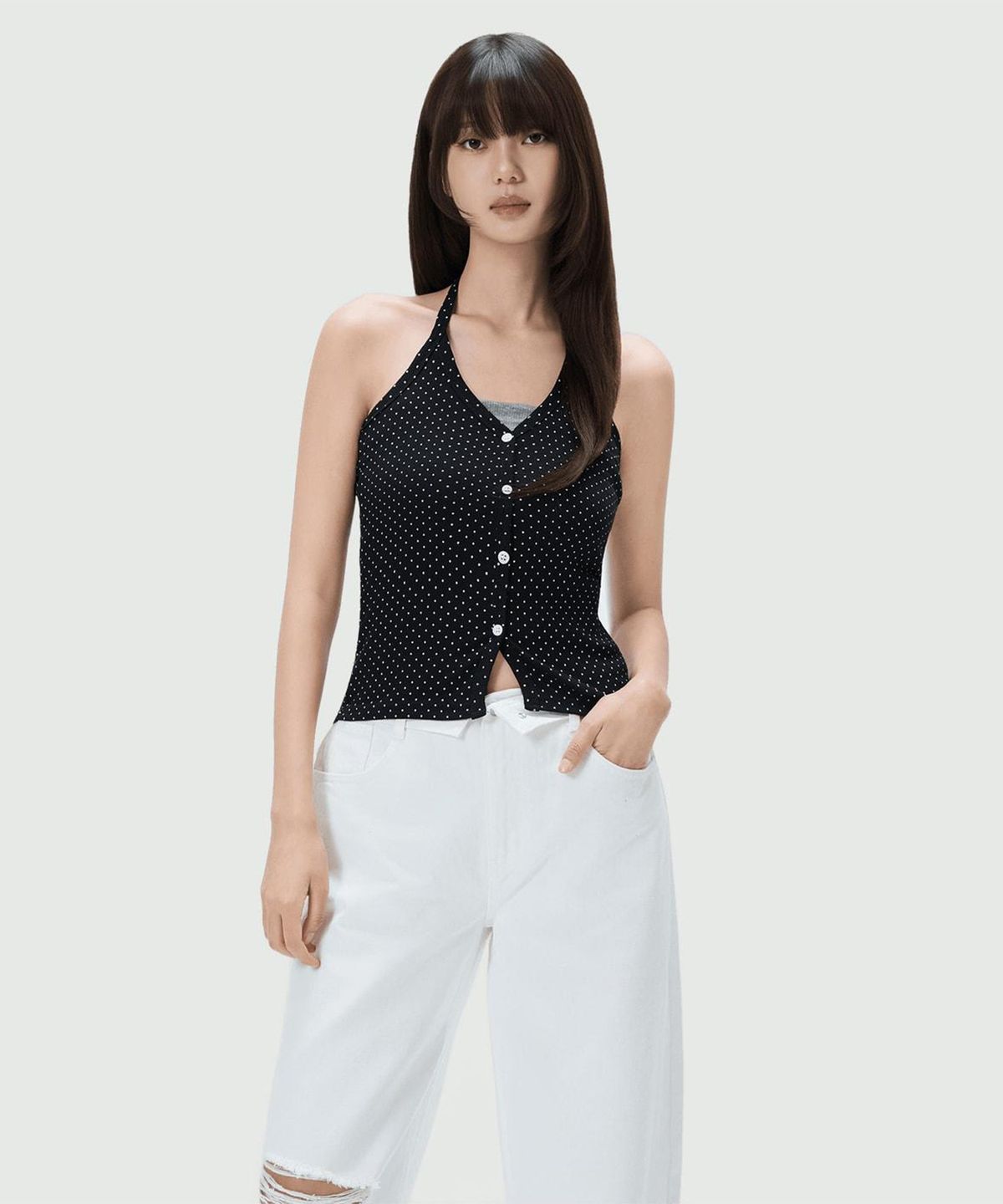 미쏘(MIXXO) 도트 홀터 버튼 슬리브리스 RE HNG63MS_MIWHNG74QS