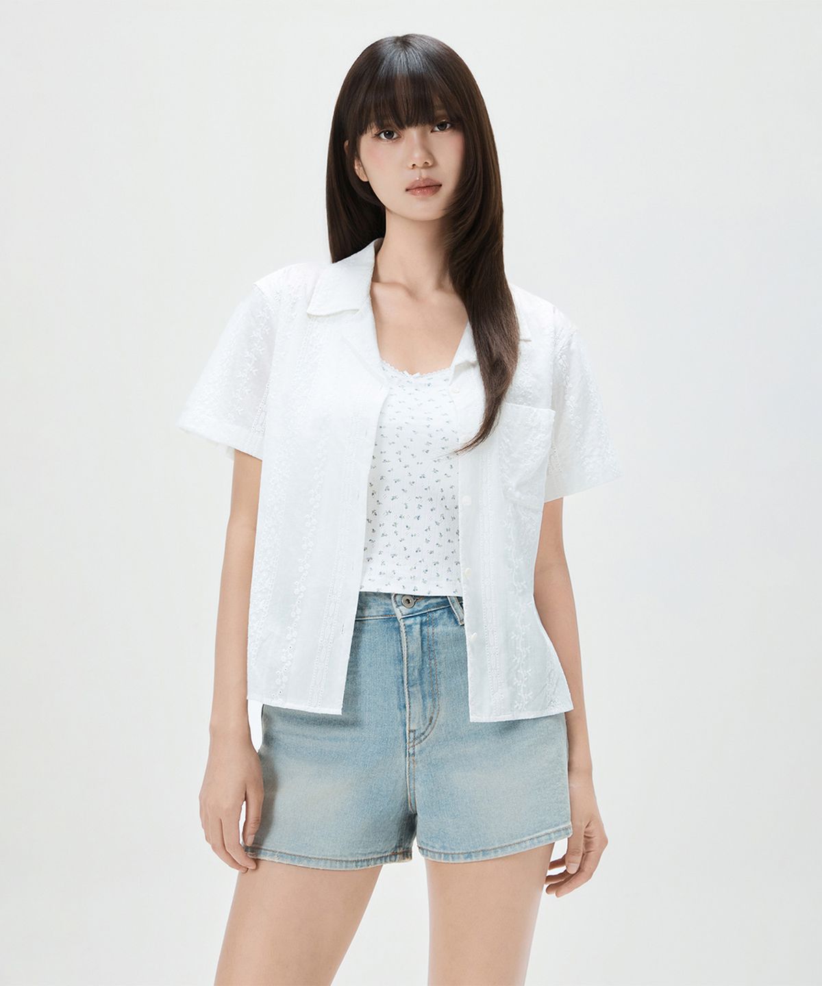 미쏘(MIXXO) 소재 변형 포켓 반팔 셔츠_MIWYAG601G