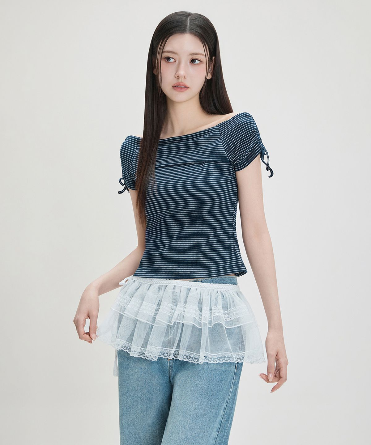 미쏘(MIXXO) 스트라이프 오프숄더 반팔 티셔츠_MIWHWG723A