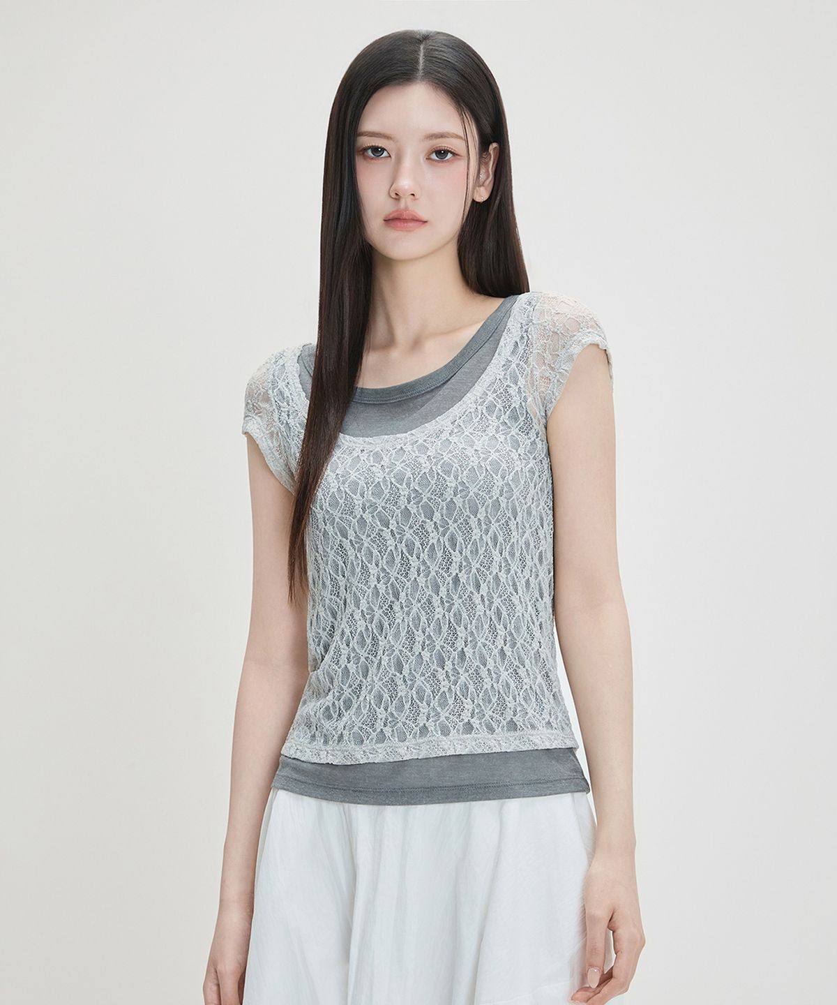 미쏘(MIXXO) 레이스 레이어드 티셔츠 RE LWG41MS_MIWHWG72QA
