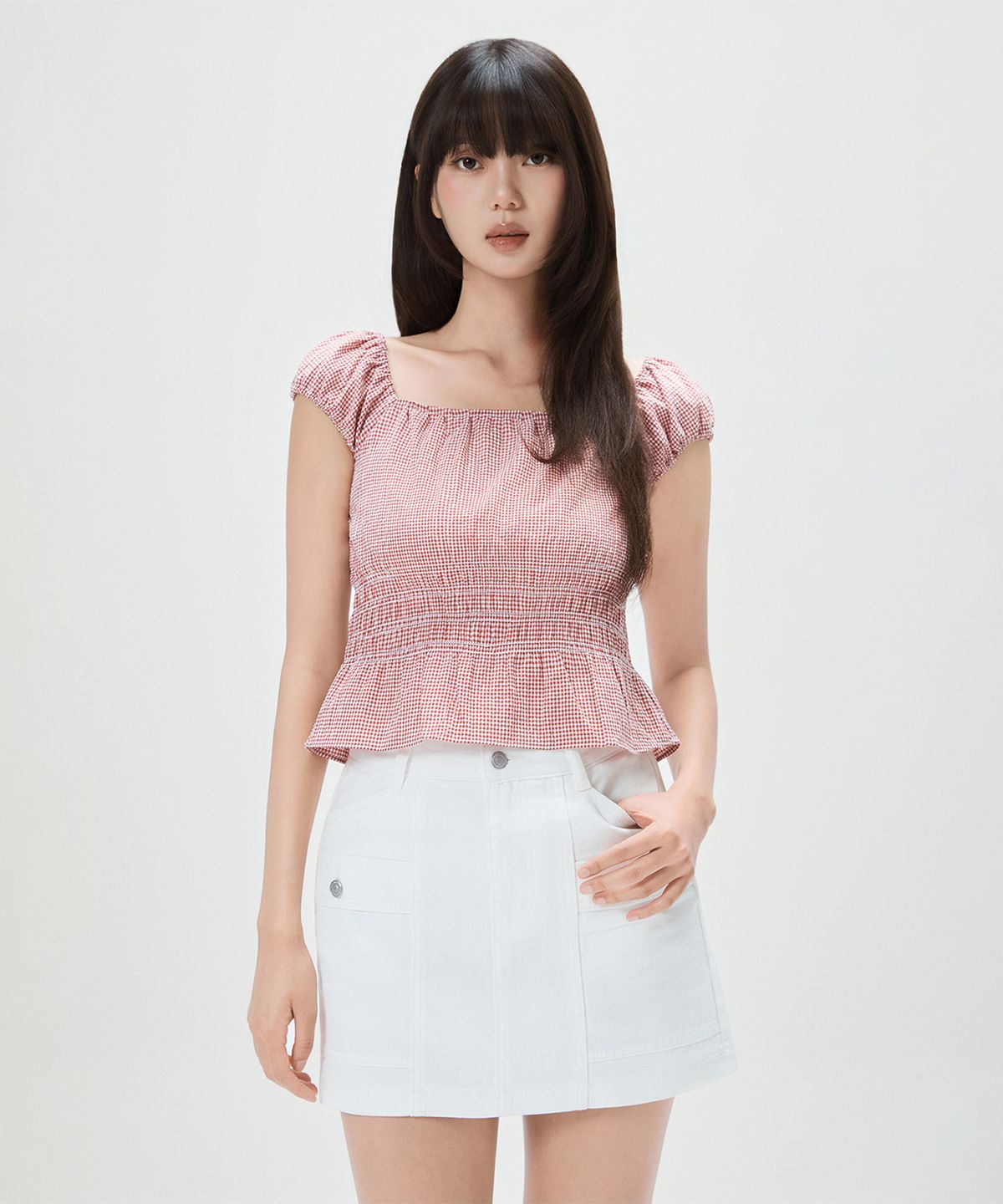 미쏘(MIXXO) 깅엄 체크 스모킹 블라우스_MIWBWG602G