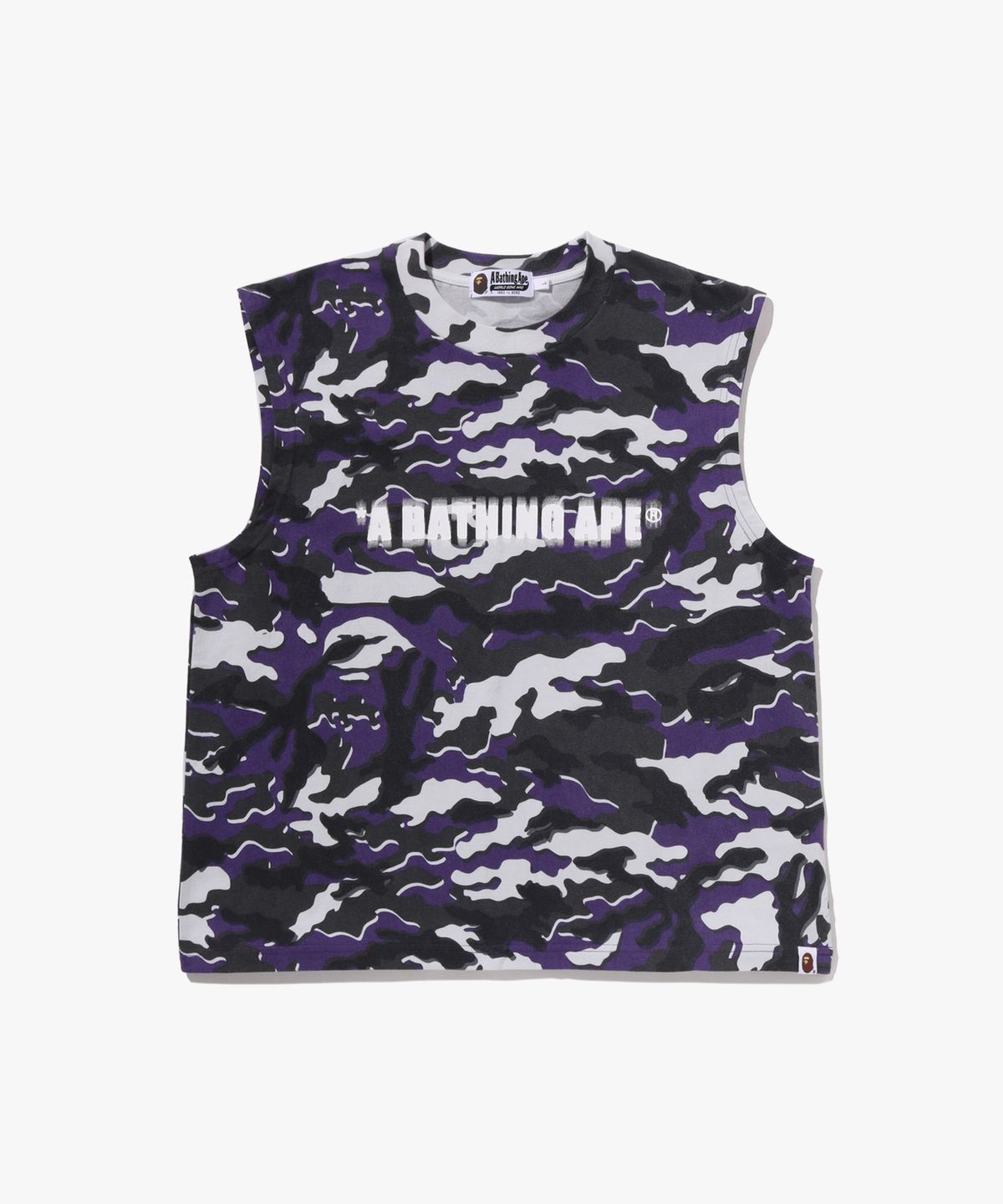 베이프(BAPE) 글리치 우드랜드 카모 헤비 워시 BATHING APE 크롭 핏 나시(M) PURPLE