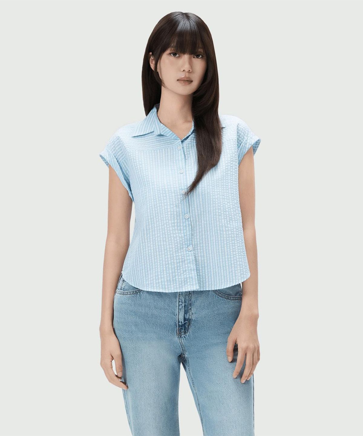 미쏘(MIXXO) 롤업 스트라이프 반팔 셔츠_MIWYAG701G