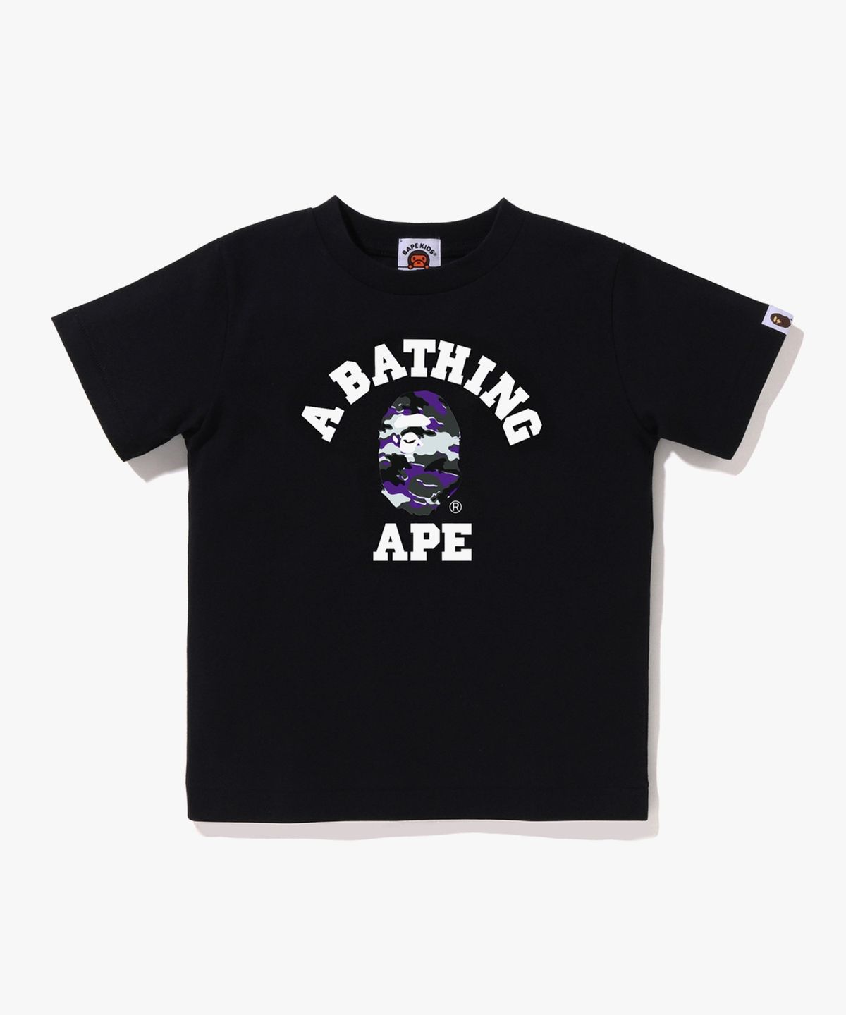 베이프 키즈(BAPE KIDS) 글리치 우드랜드 카모 콜리지 티셔츠(Kids) BLACK/PURPLE