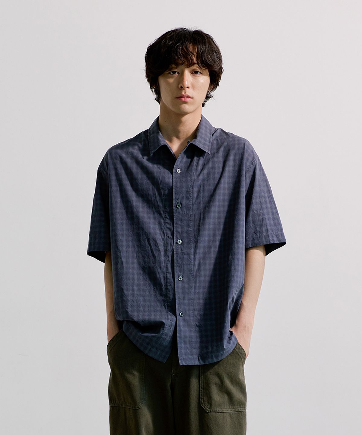 유니온블루(UNION BLUE) LOOSED CHECK HALF SHIRT [GRAPHITE]