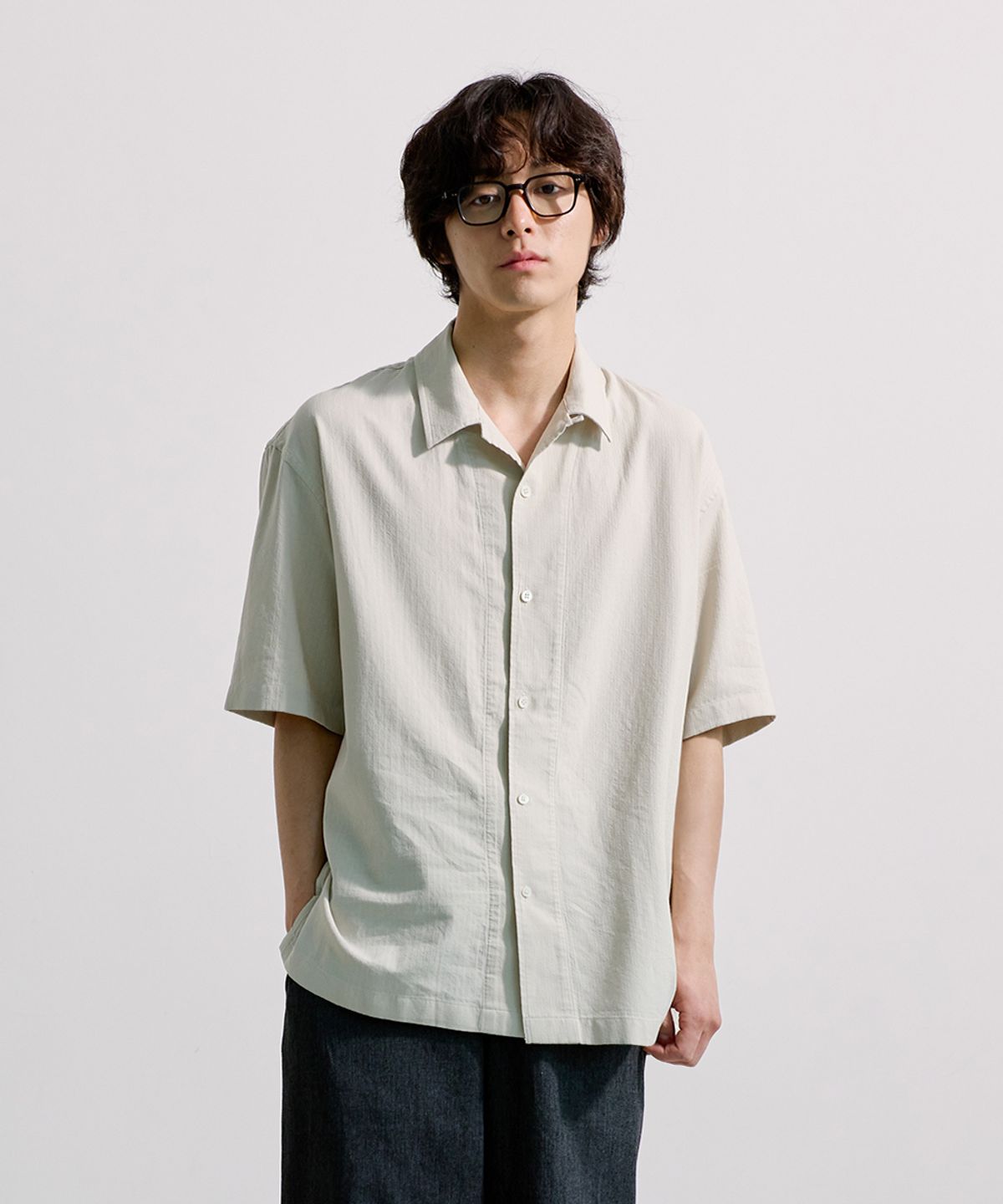 유니온블루(UNION BLUE) LOOSED HERRINGBONE HALF SHIRT [OATMEAL]