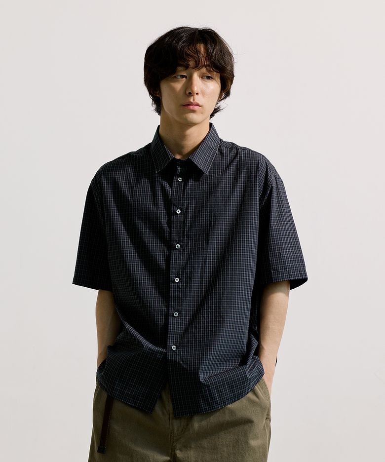 SEMI CROP CHECK HALF SHIRT [DEEP NAVY]