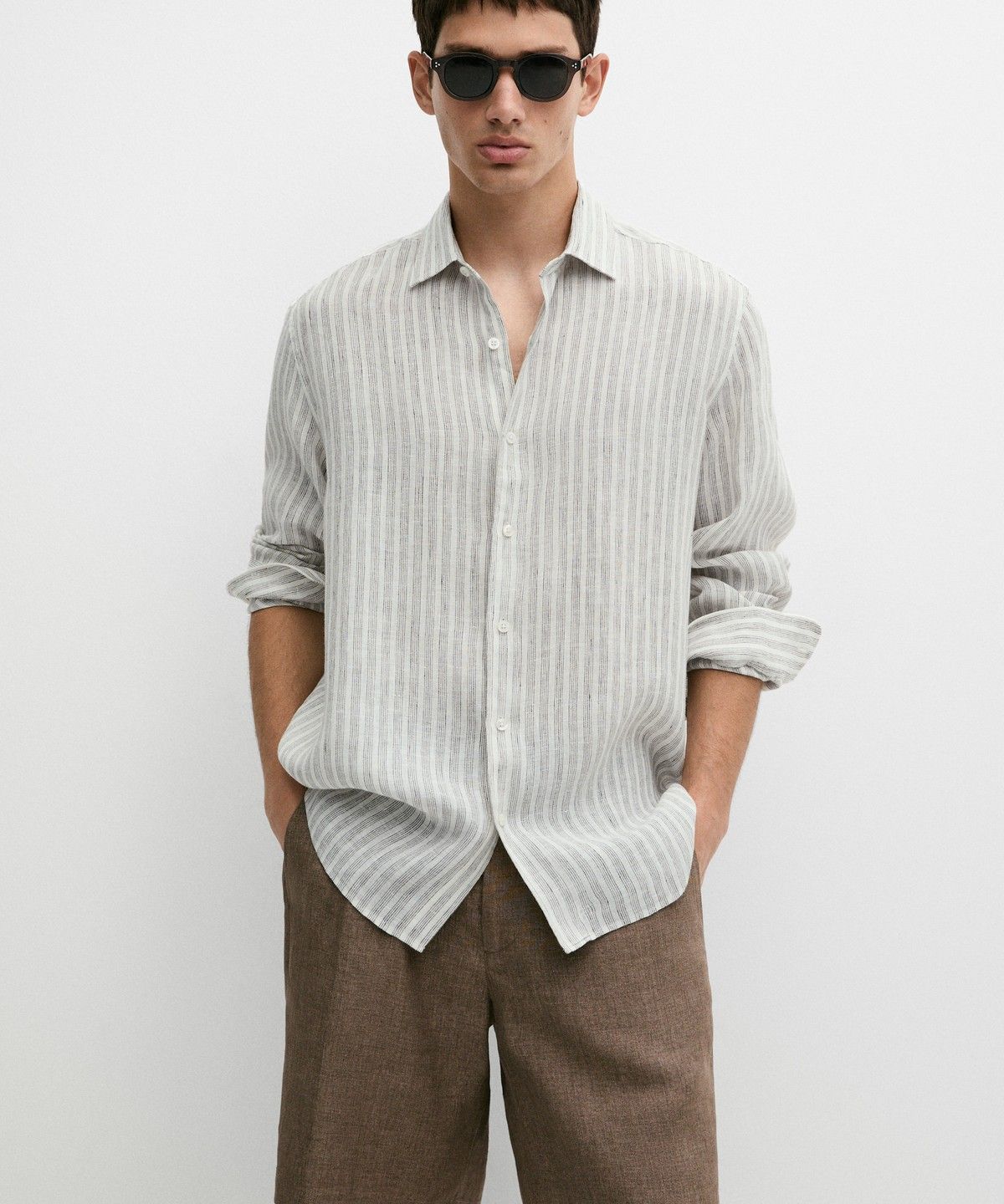 마시모두띠(MASSIMO DUTTI) 100% 린넨 레귤러 핏 스트라이프 셔츠