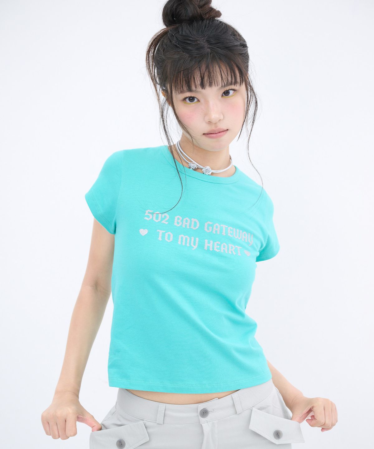 잇자바이브(ITZAVIBE) 502 GLITTER LETTERING T SHIRT - MINT