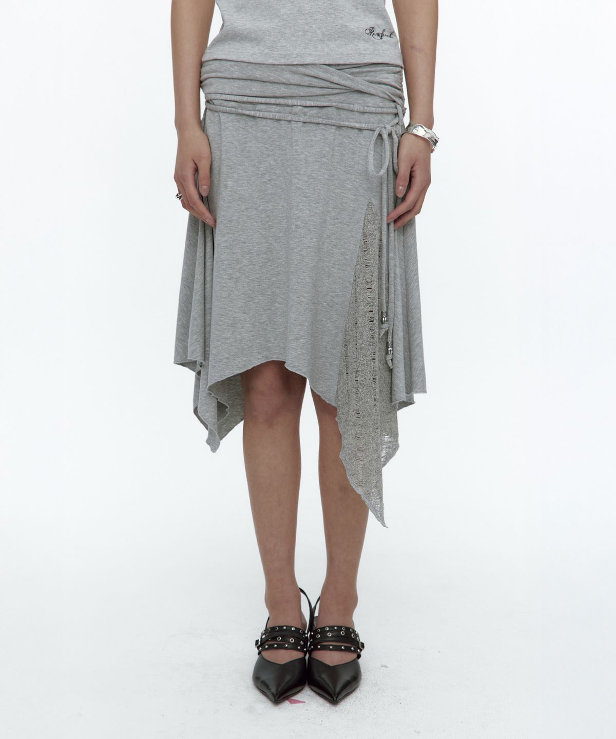 러프넥(ROUGHNECK) Knit Layer Drape Skirt Gray