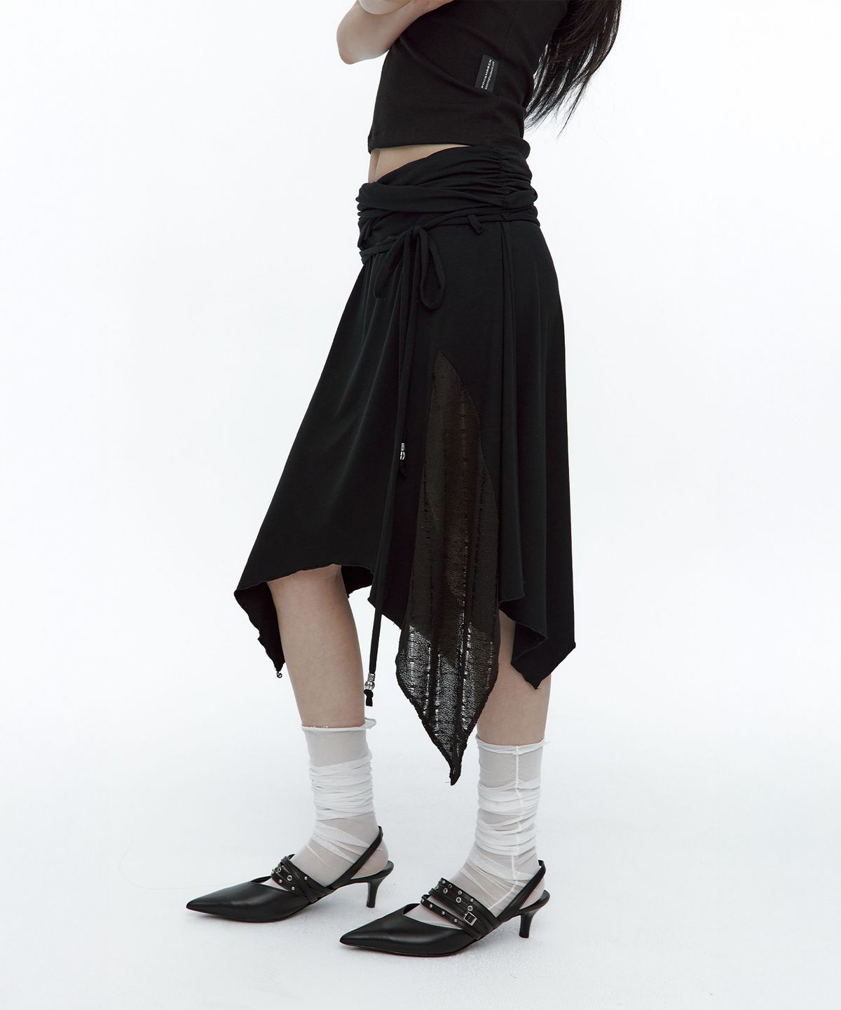 러프넥(ROUGHNECK) Knit Layer Drape Skirt Black