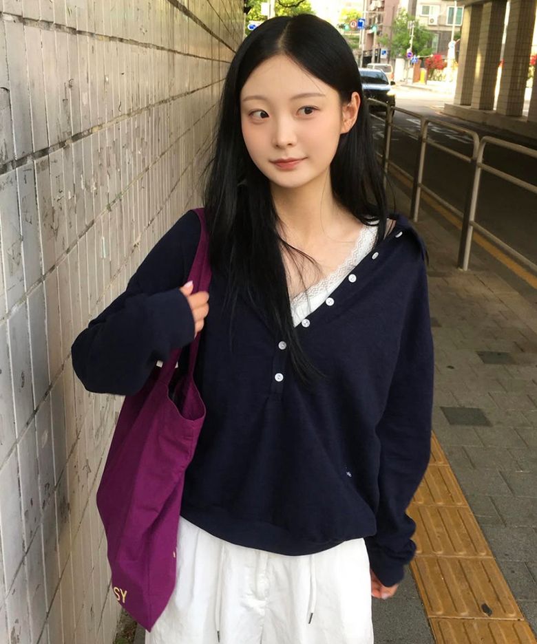 썸머 슬리브 오픈버튼 루즈 카라 티셔츠 네이비