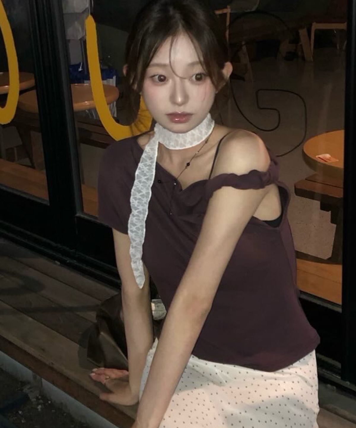스트라이프마가린(STMG) 드레이프 셔링 원숄더 슬림 반팔 퍼플