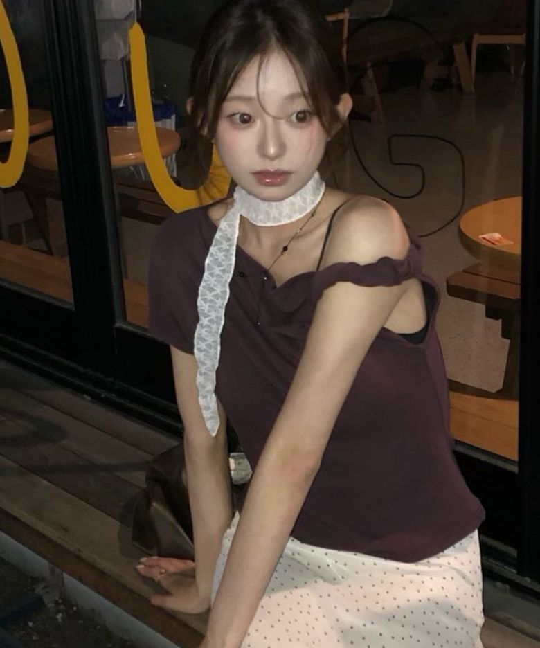 드레이프 셔링 원숄더 슬림 반팔 퍼플