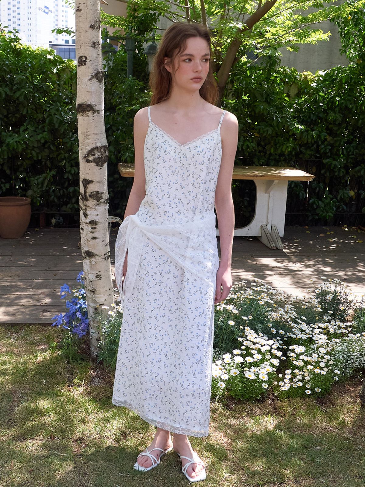 에트몽(ETMON) Slip Scarf-Tie Floral Dress, Blue
