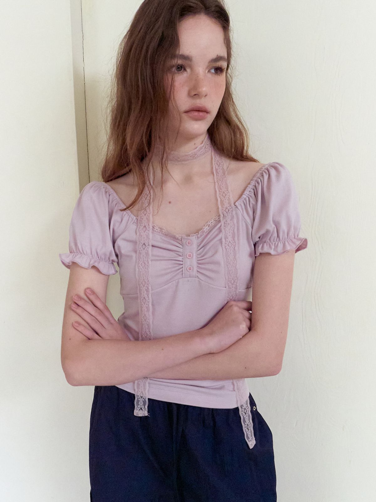 에트몽(ETMON) Lace Scarf Puff T-Shirt, Lavender Pink