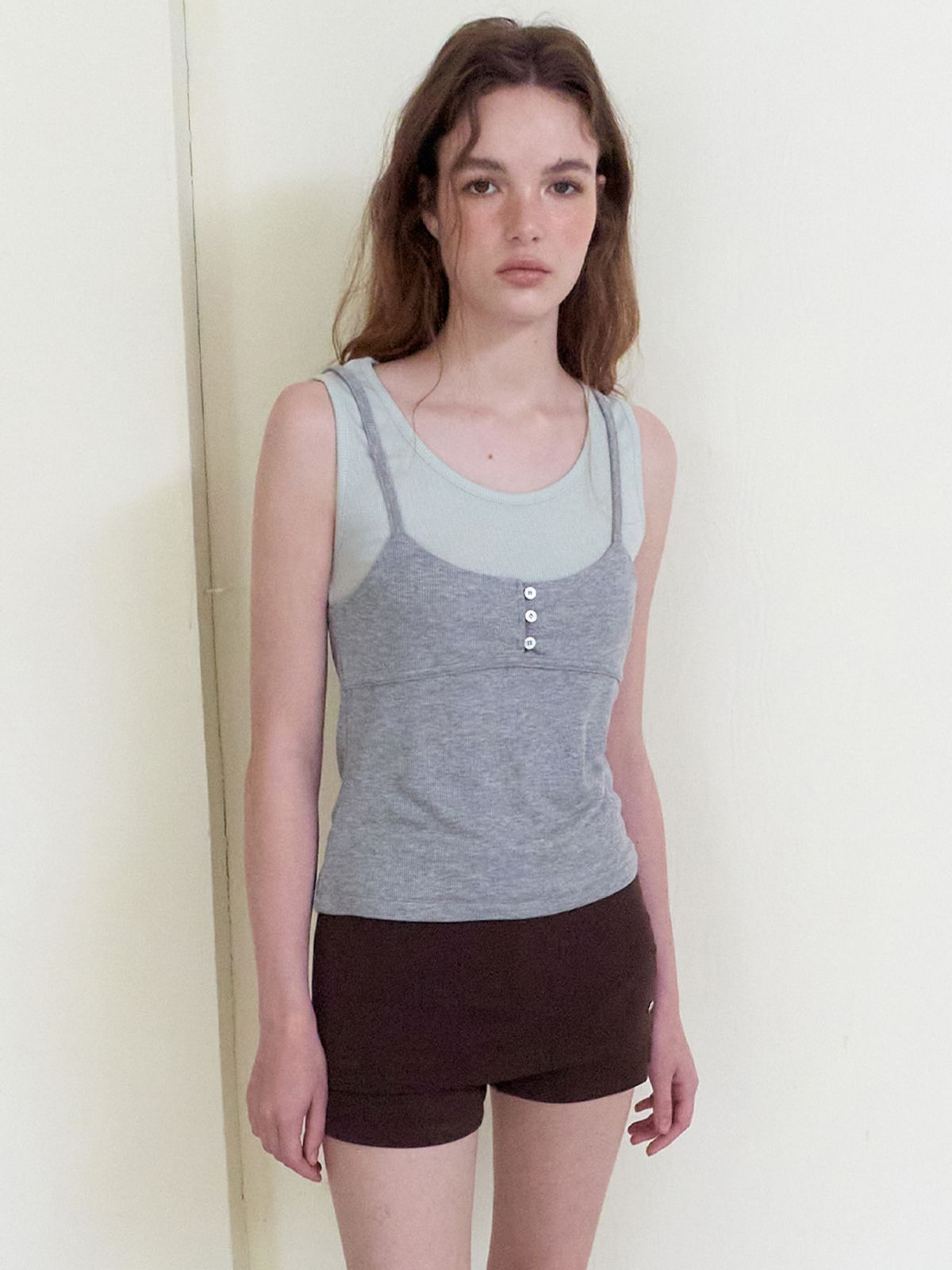 에트몽(ETMON) Color Layered Ribbed Top, Melange Grey
