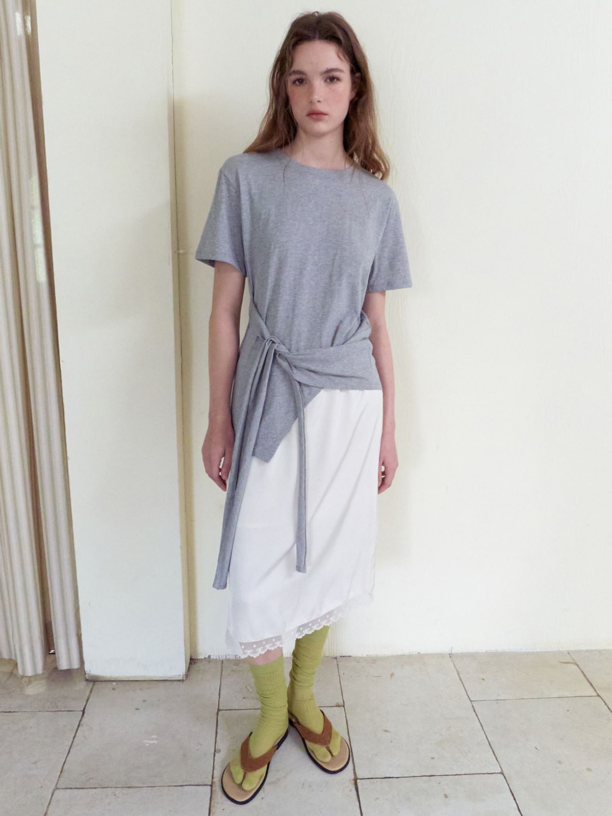 에트몽(ETMON) Tie Loose T-Shirt, Melange Grey
