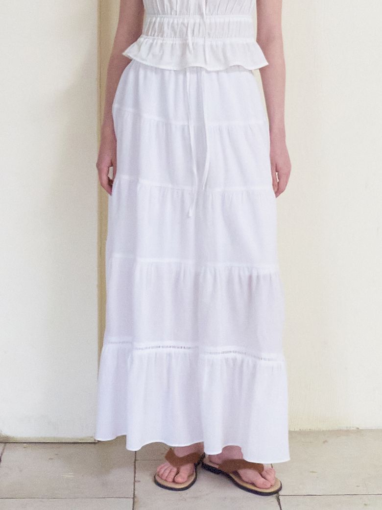 Crinkle Tiered Long Skirt, White
