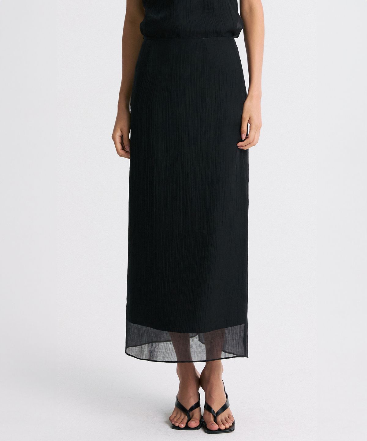 리이(RE RHEE) SHEER LAYERED SLIT-BACK MIDI SKIRT BLACK