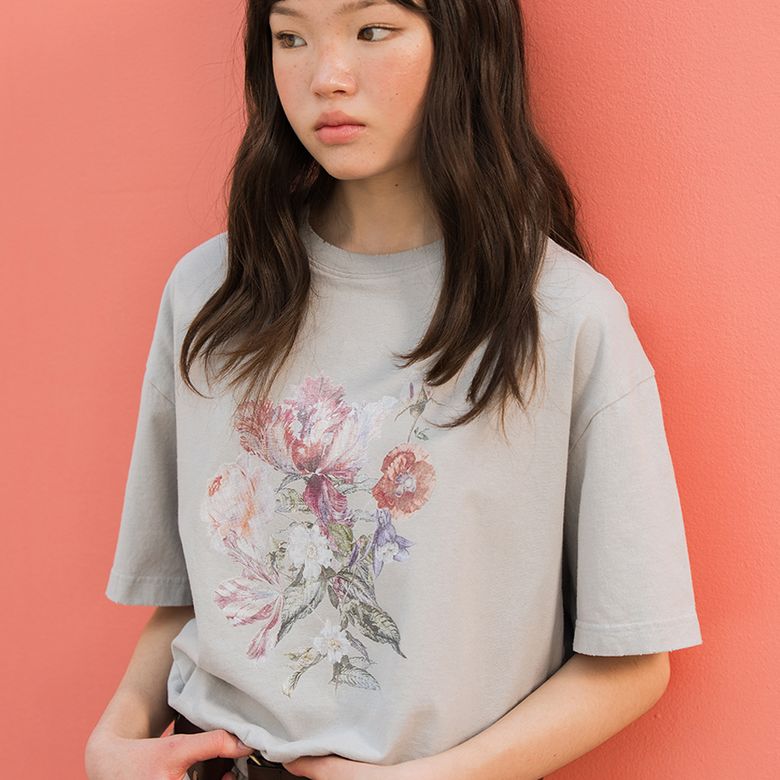 빈티지 플라워 부케 반팔 티셔츠_그레이