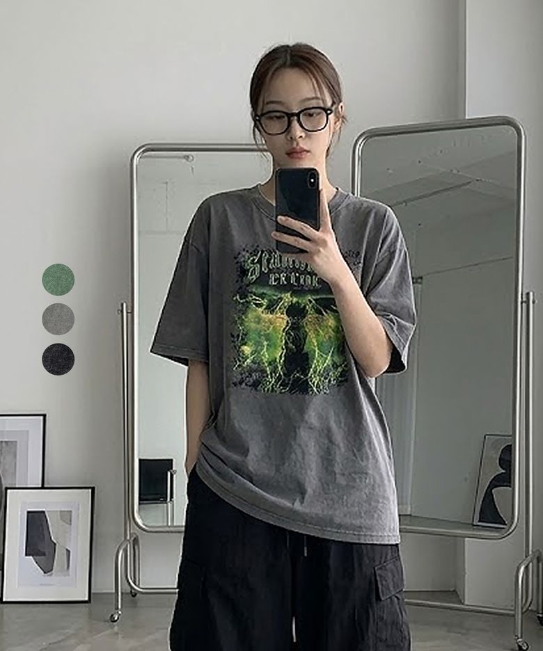 빈티지 네온 라이트닝 크랙 피그먼트 반팔 티셔츠 (3color)