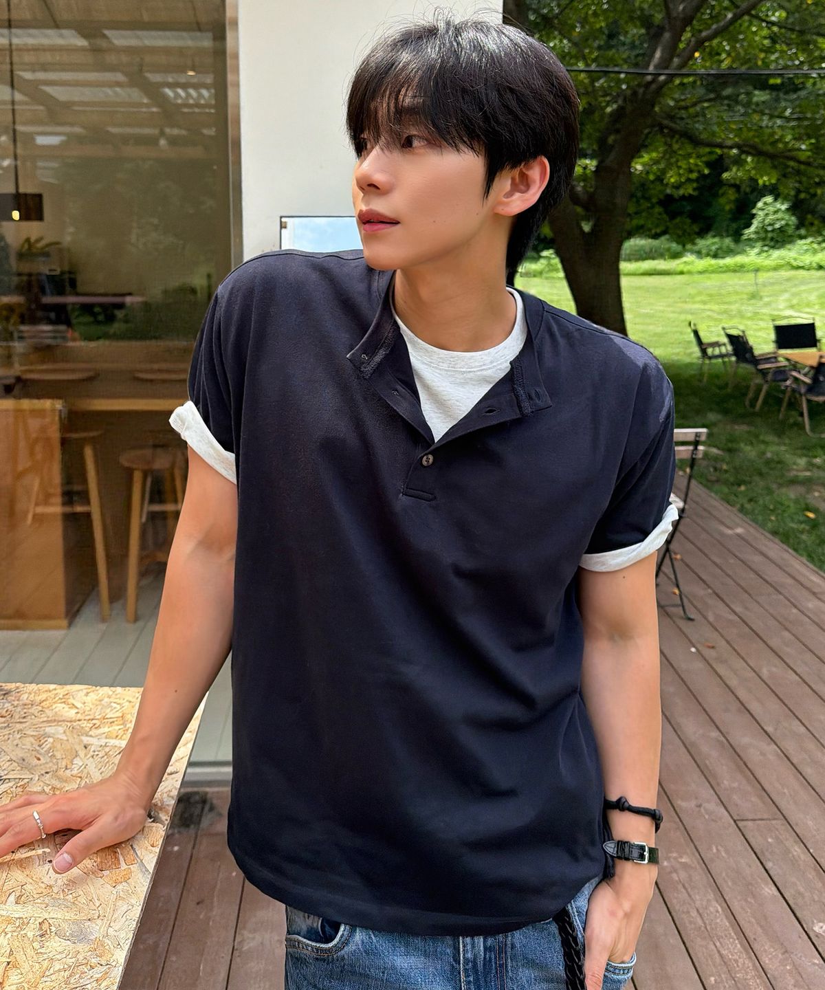 드로우핏(DRAW FIT) 레이어드 롤업 헨리넥 티셔츠 [NAVY]