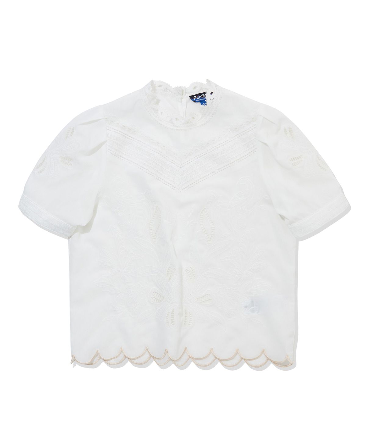펜필드(PENFIELD) 사선 배색 레이저자수 블라우스 화이트_FS2WR33F