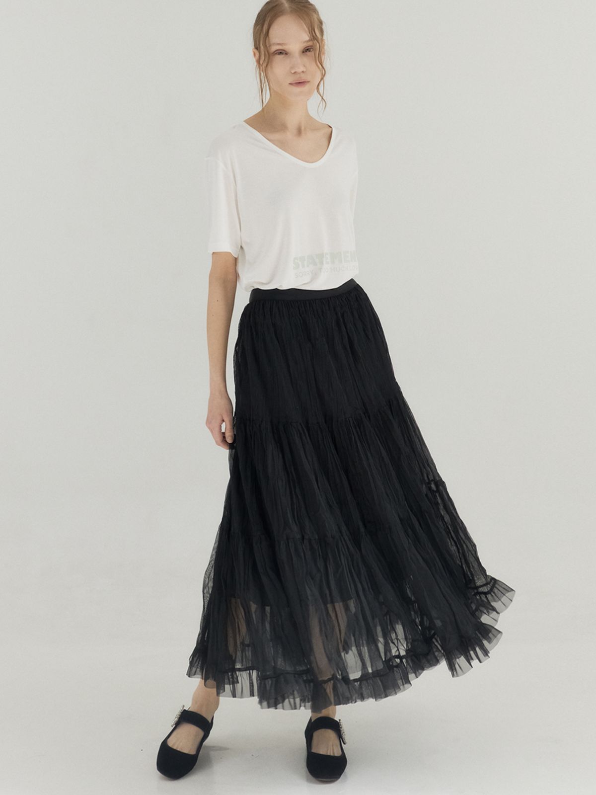 쏘리, 투 머치 러브(SORRY, TOO MUCH LOVE) Tiered Tulle Maxi Skirt_Black