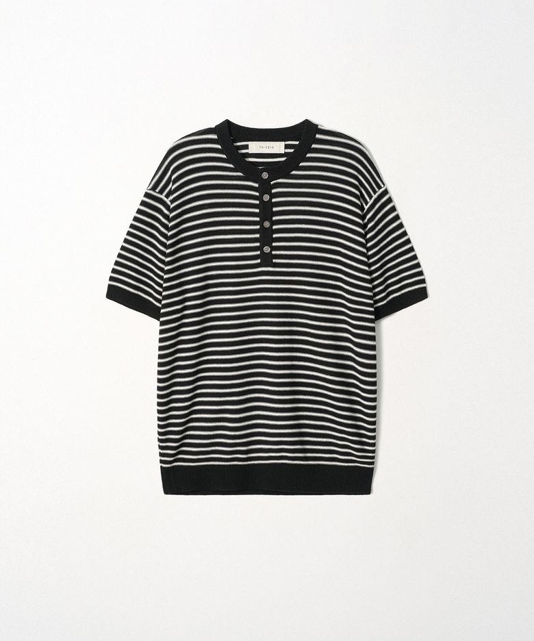 Linen Stripe Henley Knit_Black
