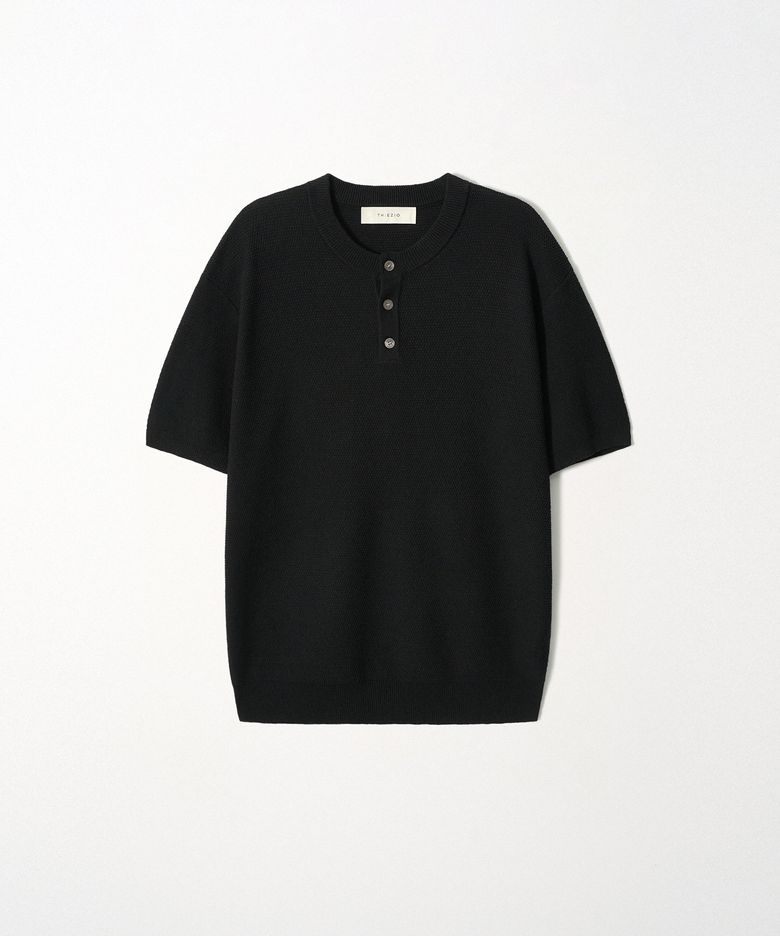 Textured Linen Henley Knit_Black