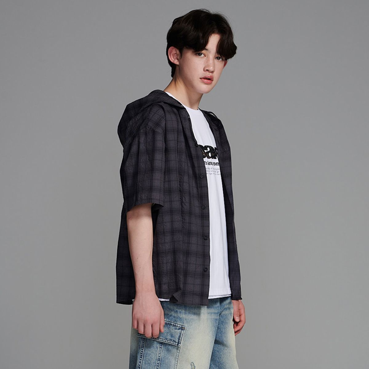 에꼴리에(ECOLIER) 5부 빈티지 체크 후드셔츠(26B5301)