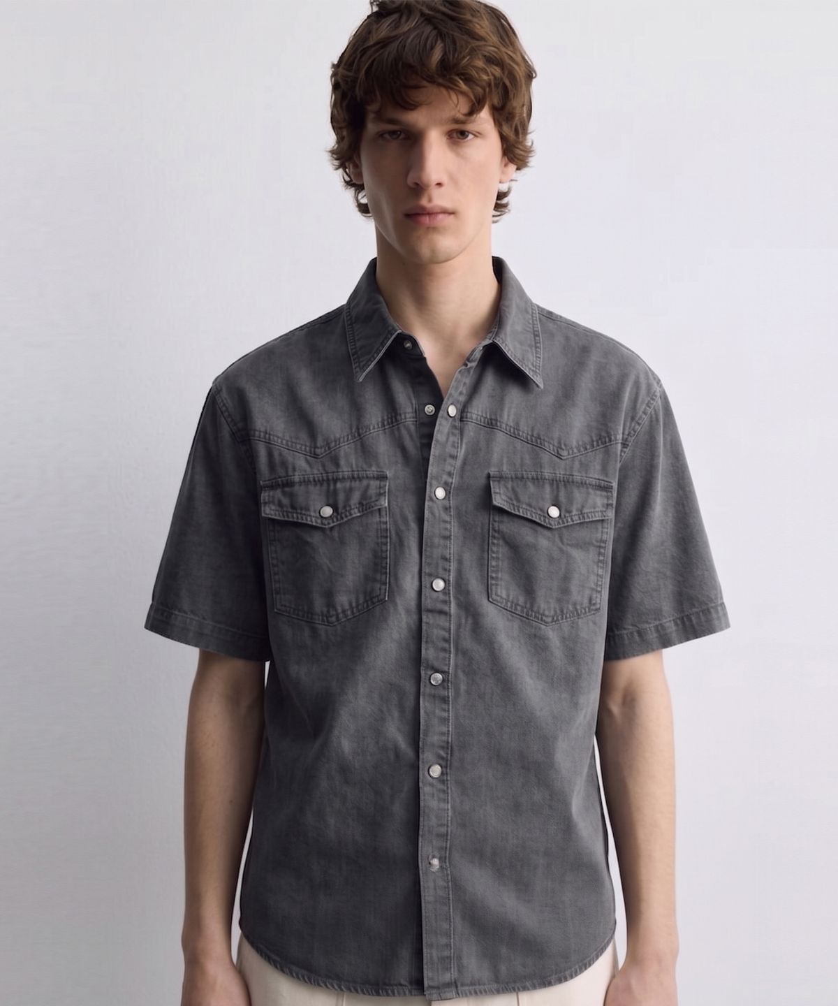 디 그랜드 마틴(DE GRAND MATIN) Western Snap Vintage Washed Short Sleeve Shirt (Charcoal)