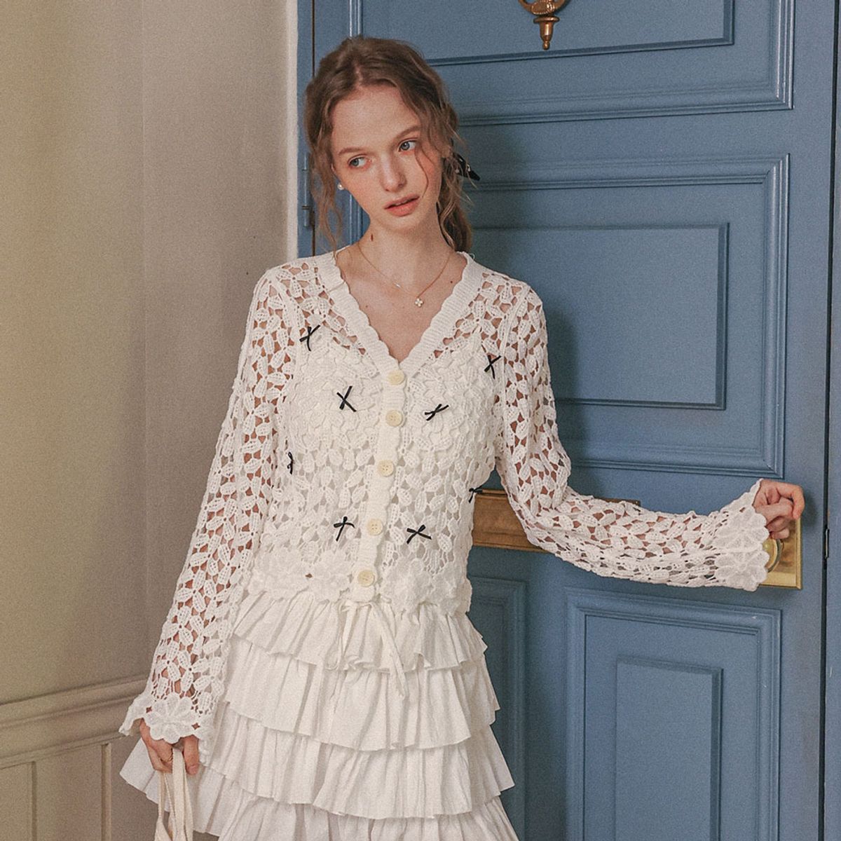 쎄무아듀(CEST MOIDEW) Cest_Ribbon crochet knit cardigan_WHITE